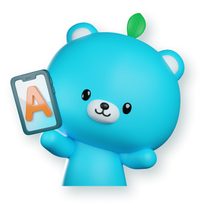 MotiBear holding up a tablet with the letter A