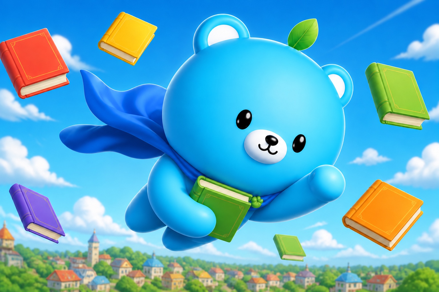 MotiTan Dictionary: MotiBear flying over the town with a stack of books