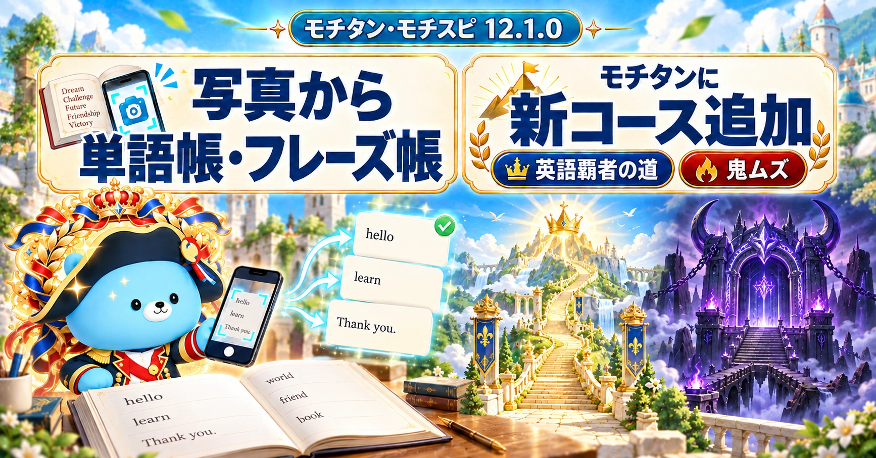 写真から単語帳・フレーズ帳へ。「鬼ムズ・英語覇者への道」追加。モチタウン12.1.0アプデ内容