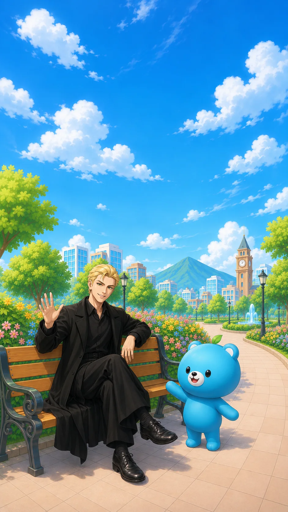 Nathan and MotiBear wave from a park bench in MotiTown, inviting you to join the conversation.