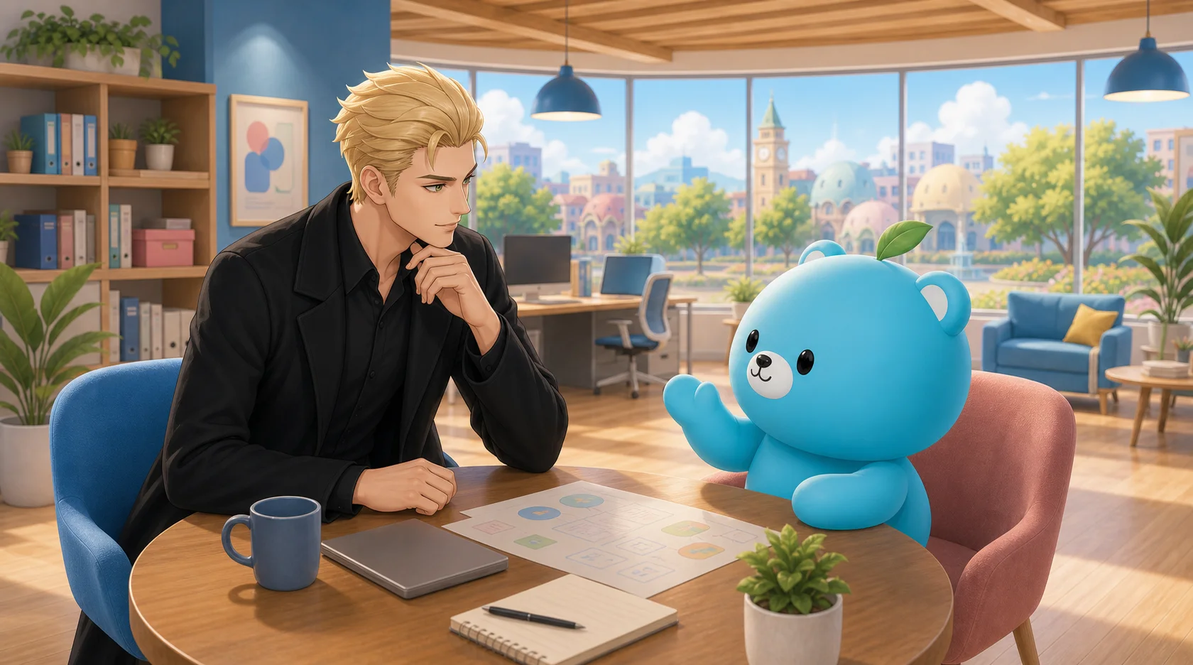 Nathan and MotiBear chatting at a table in a MotiTown office lounge.