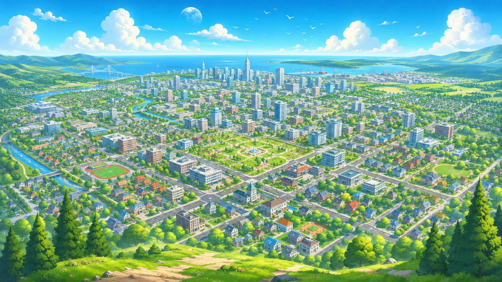 A bird&rsquo;s-eye view of MotiTown: a downtown skyline in the center, a river and the sea to the left, and green neighborhoods and forests all around.