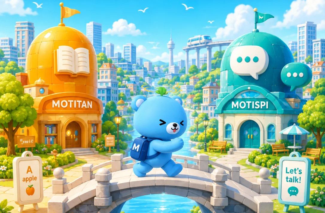 MotiTan (the vocabulary app) and MotiSpi (the conversation app) connected by a bridge in MotiTown, with MotiBear walking between them.