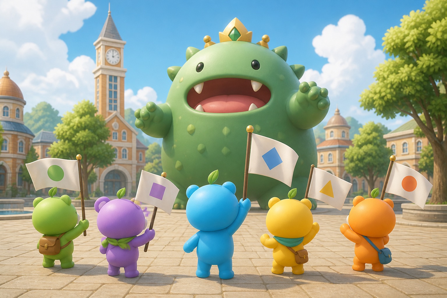 MotiBears raising a flag as they charge a giant boss