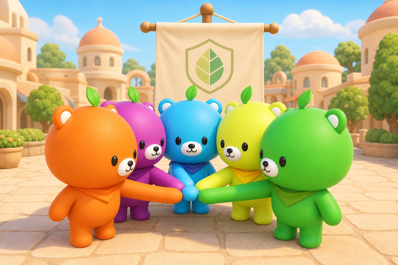 MotiBears huddled in a circle around a flag