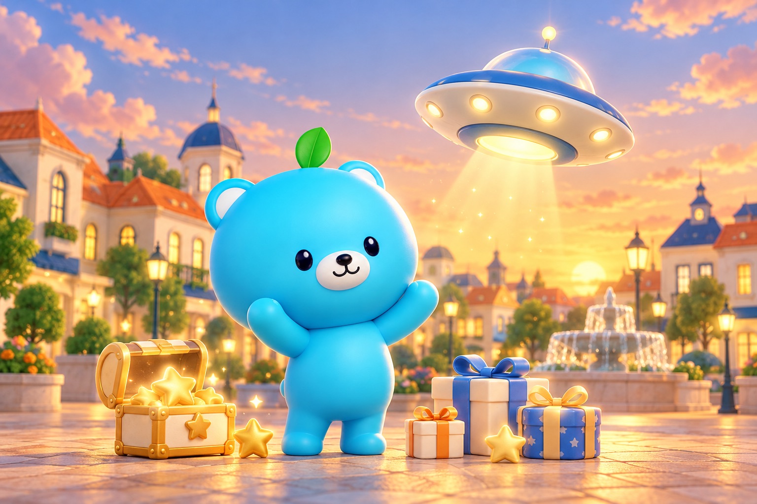 A MotiBear looking up at a UFO in the evening sky